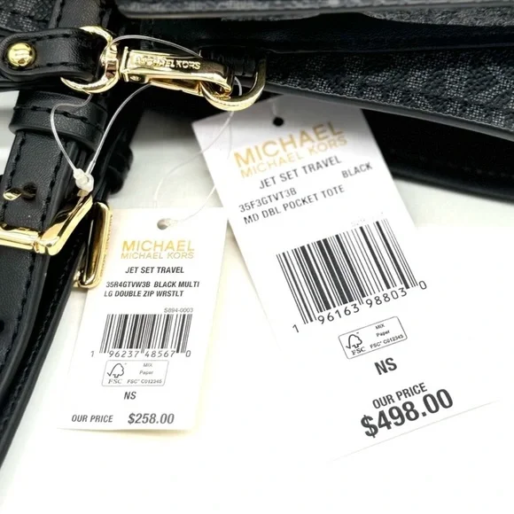 Michael Kors Jet Set Medium Pocket Tote Bag & Double Zip Wallet Black Multi